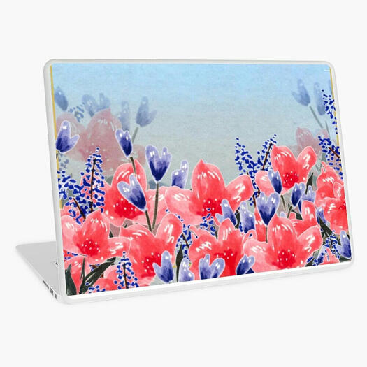 Red flowers and purple small flowers in blue background by doodlesflowers