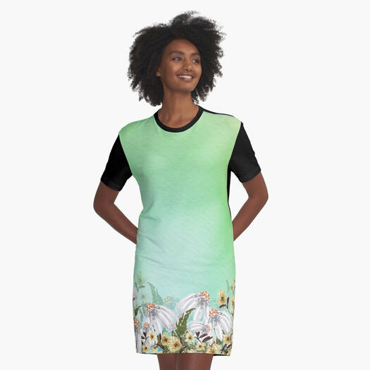 White daisy and yellow flower in green background t shirt dress design by doodlesflowers